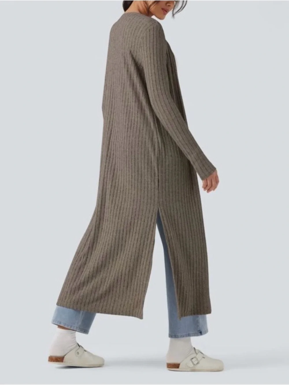 Ribbed Knit Long Sleeve Split Casual Longline Coat - Mottled Wood Brown M